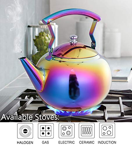 Rainbow Tea Kettle with Infuser for Loose Leaf,Stainless Steel Teapot 2 Liter Coffee Tea Pot Strainer, Colorful Teakettle for Stovetop Induction Stove Top Boiling Water 2 Quart / 68 Ounce by ROYDOM - Thumbnail 3