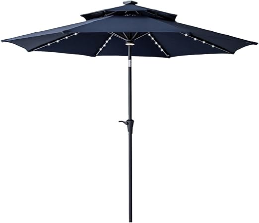 Amazon Com Flame Shade 9 Ft Double Top Outdoor Patio Umbrella With Solar Led Lights And Tilt Navy Blue Garden Outdoor