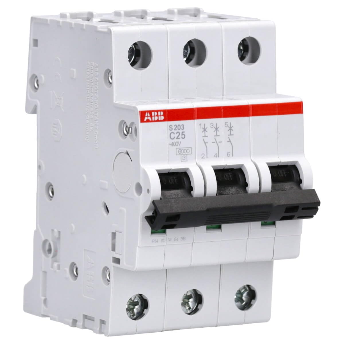 ABB S203-C25 Miniature Circuit Breaker, 3 Pole, Type C, 6/10kA Breaking Capacity, 25 Amp Current (2CDS253001R0254)