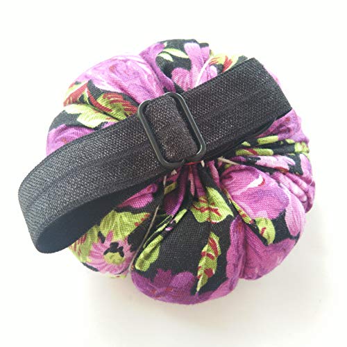Purple Floral Flower On Black Wrist Pin Needle Cushion Adjustable Elastic Band Pincushion Wearable Cute Small Size Pumpkin Pins Needles Pincushions Holder Safety with Elastic Band for Sewing Crafting - Thumbnail 2
