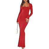 REORIA Womens Basic Sexy Square Neck Long Sleeve Soft Lounge Long Dress Fall Casual Ribbed Bodycon Maxi Dresses