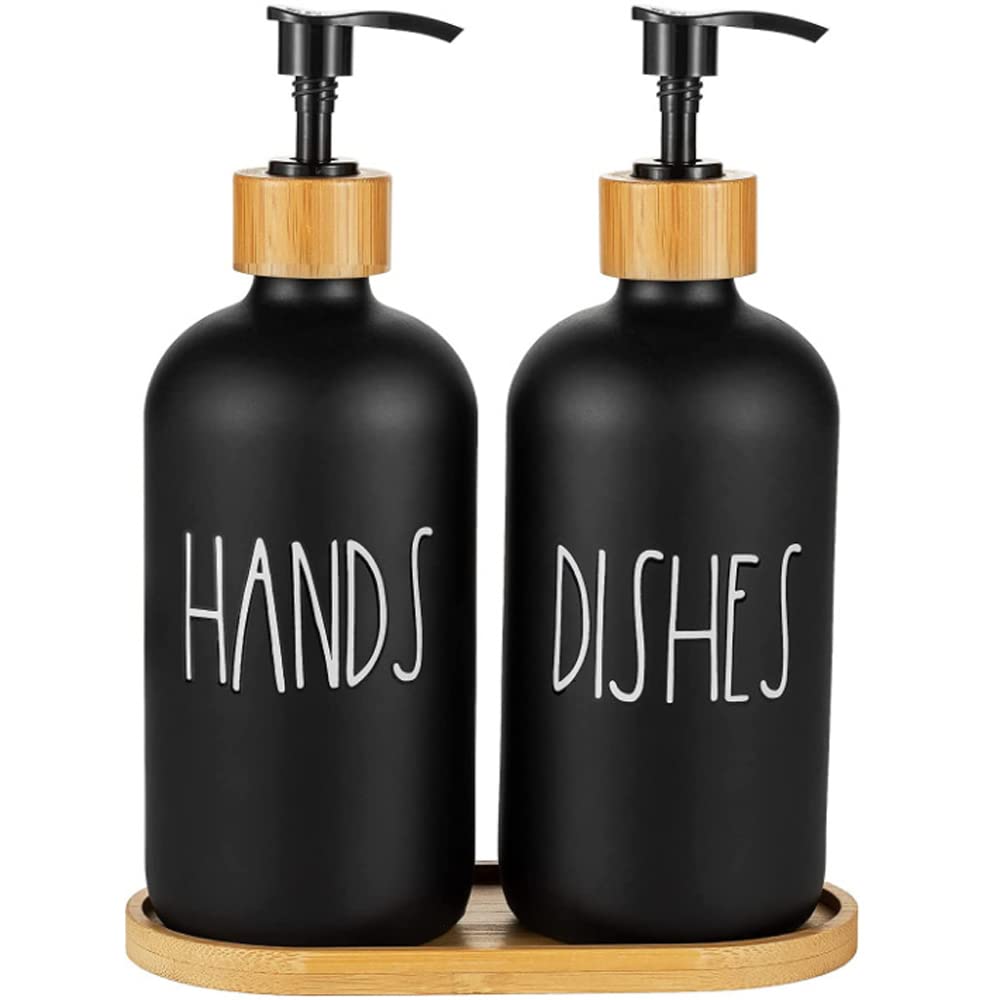 Hniuyun Glass Soap Dispenser Set of 2, Glass Soap Dispenser Bottle with Pump, 16 Oz Refillable Liquid Hand Jar Dispenser for Bathroom, Countertop, Kitchen, Laundry Room (Black)