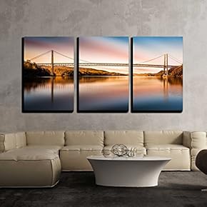 3 Piece Canvas Wall Art - Bear Mountain Bridge After Sunset. - Modern Home Art Stretched and Framed Ready to Hang - 16"x24"x3 Panels