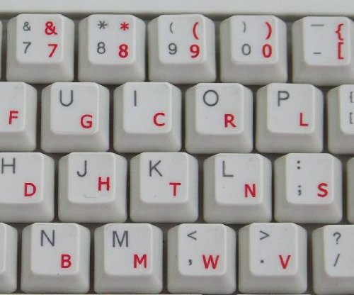 DVORAK SIMPLIFIED KEYBOARD STICKERS WITH RED LETTERING ON TRANSPARENT BACKGROUND