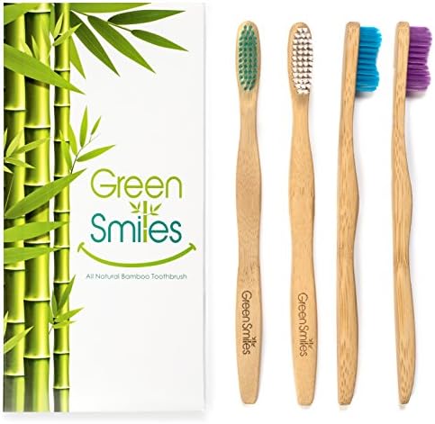 Natural Organic Bamboo Toothbrush - Biodegradable Wood Soft BPA Free with Colored Bristles - Kids and Adults - Pack of Four - By Green Smiles