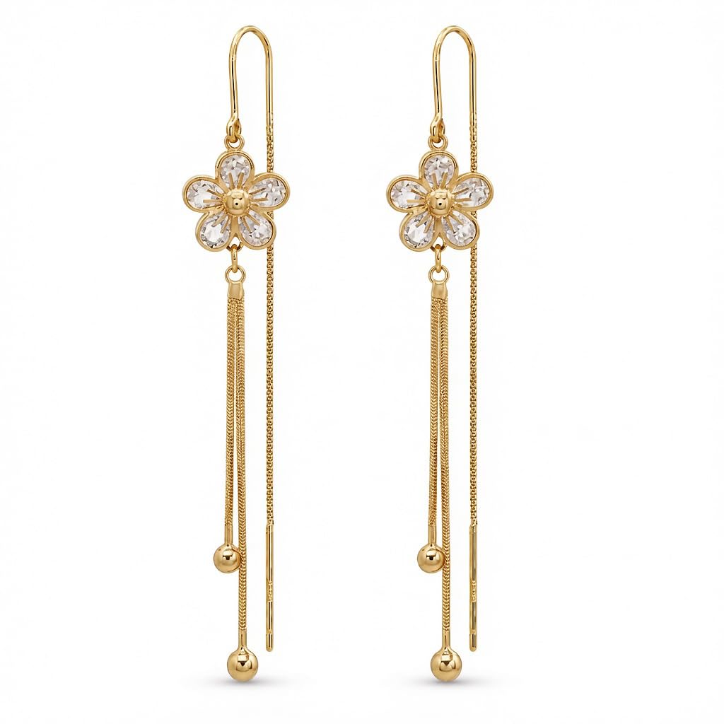 HEFEIYU 14K Gold Plated Flower Dangle Threader Earrings for Women, Hypoallergenic Cubic Zirconia Long Chandelier Earrings, Elegant Crystal Jewelry for Wedding Bridal Prom Party Gifts (Petal)