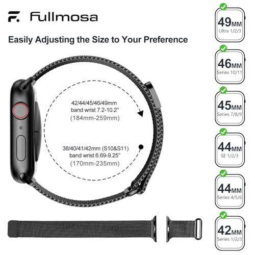 Fullmosa Correa Magnética Para Apple Watch 40mm 44mm 46mm 45mm 42mm 49mm 41mm 38mm,Pulsera Repuesto de Acero Inoxidable Milanese Loop para iWatch Ultra SE 3/2/1 Series 11 10 9 8 7 6 5 4 3 2 1,Negro