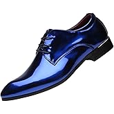 Santimon Men's Oxford Shoes Dress Pointed Toe Shiny Patent Leather Lace Up Casual Prom Party Shoes