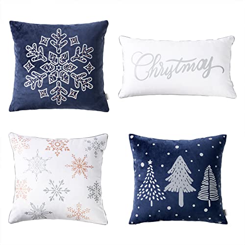 Cozy Bliss Christmas Pillow Covers 4 Pcs Reflective Print Christmas Decor Snowflake Velour Throw Pillowcase Covers Winter Holiday Cushion Case Set of 4, 18x18Inches/12x20Inches