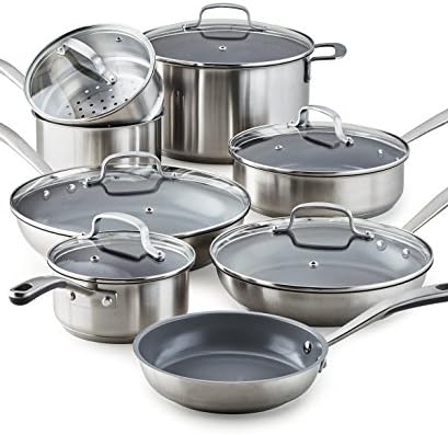 Culinary Science - 14 Piece Re-Inforced Ceramic Non-Stick High End Gourmet Cookware Set By Martha Stewart - Cook Excellent Meals With Little To No Fat