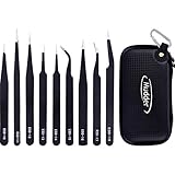 Mudder 9 Pieces Anti-static ESD Tweezers Kit Non-magnetic ESD Tweezers with Storage Bag