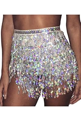 Jumojufol Women's Shiny Tassel Paillettes Sequins Party Dance Mini Skirt
