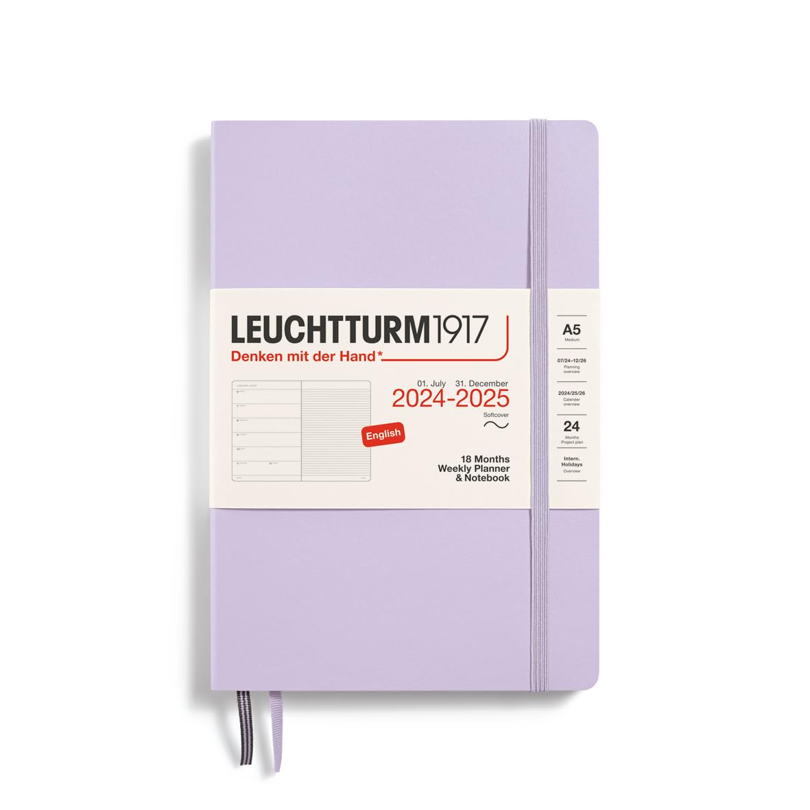 LEUCHTTURM1917 370809 Weekly Calendar & Notebook 2025, Medium A5 Softcover - 18-Month Planner, Lined - Lilac, English