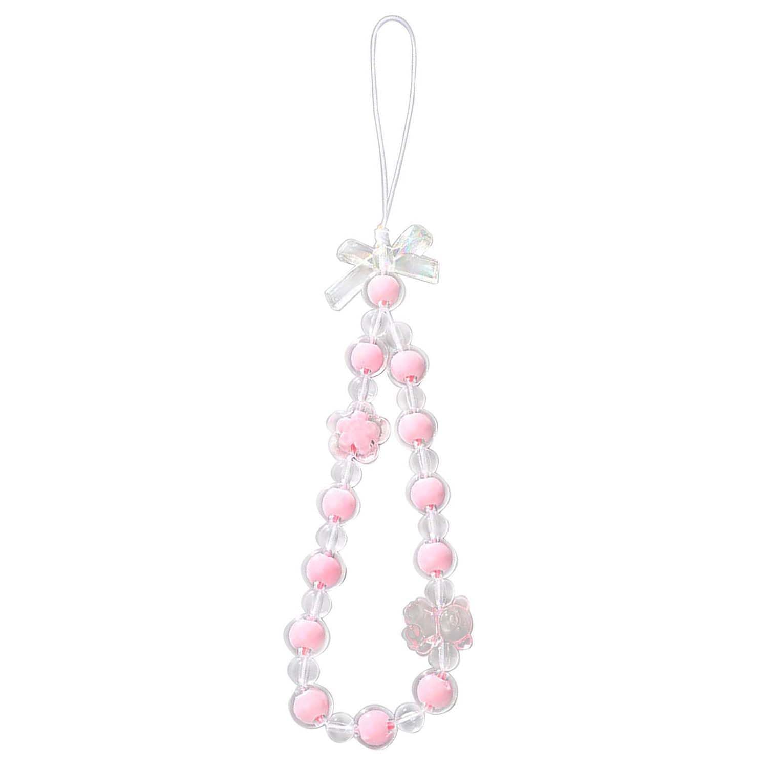 YohokGo Pink Bear & Flower Beaded Phone Charm Lanyard–Crystal Beads with & Cute Bow–Handmade Beaded Camera Wallet Purse Bag Wrist Strap