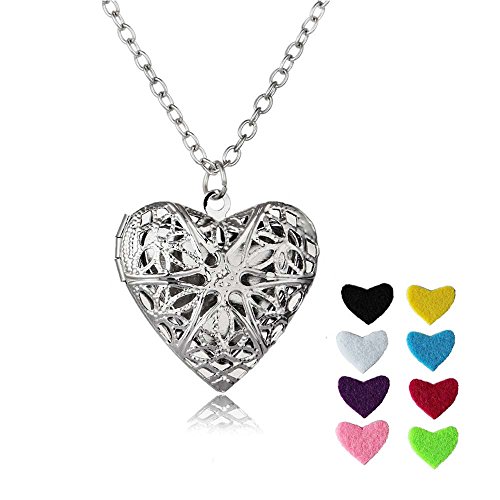 Vintage Locket Album Hollow Heart Shape Perfume Box Pendant Necklace (Silver)