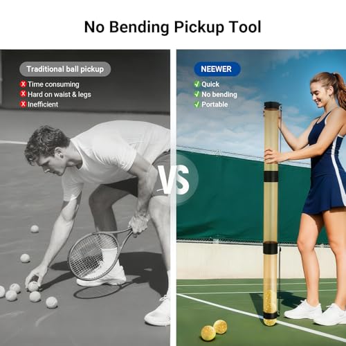 NEEWER Ball Retriever Tube Hopper for Tennis Balls & Pickleballs, Detachable Section No Bending Pickup Picker Upper Collector with Stopper & Shoulder Strap