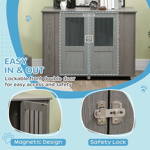 PawHut 45" L Dog Crate Furniture with Lockable Magnetic Door, Adjustable Feet, Indoor Dog Kennel End Table for Extra Large, Medium & Small Breeds, Grey