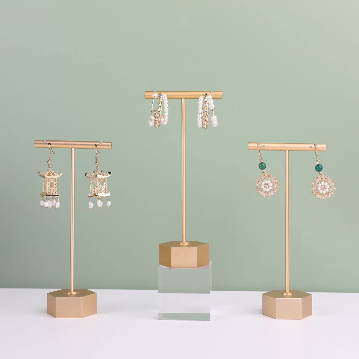 GemeShou 3pcs Earring T Stand, Gold earring display holder for selling, Small earring T Bar stand, Metal Jewelry Organizer for Show Online Store Photography Props 【3pcs Height 13.5cm】
