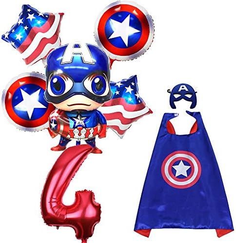CuteTrees Super Hero Captain America 4th birthday party balloons party supplies party decoration birthday decorations and super hero cape and felt mask and number balloons 8 pcs