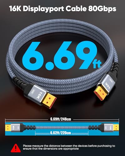 Highwings 80Gbps Displayport Cable 2.1 6.6FT, 16K@60Hz, 8K@120Hz, 4K@240Hz, DP 2.1 Cable 16K Braided Cord, Compatible with HDR10 DSC 1.2a, G-Sync FreeSync Gaming PC, Gaming Monitor 5090, AMD 7900XTX