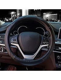 Valleycomfy   Cubiertas universales para volante de 15.0 in, piel auténtica, transpirable, antideslizante y sin olores, 04 negro