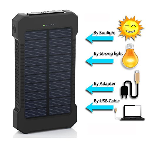 Solar Charger 10000mAh Solar Power Bank Dual USB Solar Panel Charger with 2 LED Flashlight Light for Emergency Outdoor Camping Travel (Black)