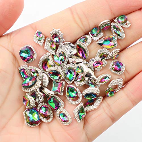 48pcs Big Mix Sizes Different Shapes Colorful AB Iridescent 3D Crystals Diamonds Large Rhinestones Bow Silver Metal Charms Gems Stones for Nail Art Beauty Design Decoration Craft Jewelry DIY
