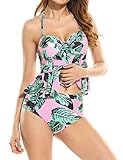 Women Sexy Strapless Two Piece Retro Bikini Push Up Floral Peplum Padded Swimsuit