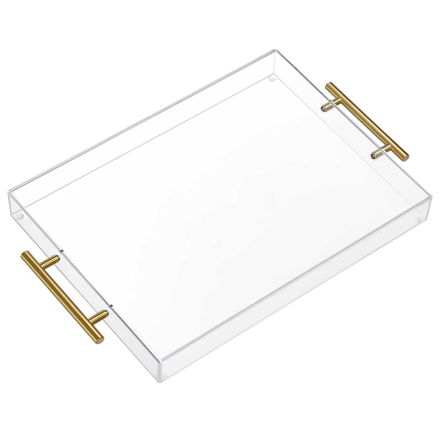 clear acrylic serving tray with golden handles, 12 by 16 inches