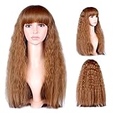 Dreamlover Light Brown Loose Wavy Long Wigs, Full Bang Light Curly Wig with Free Wig Cap­