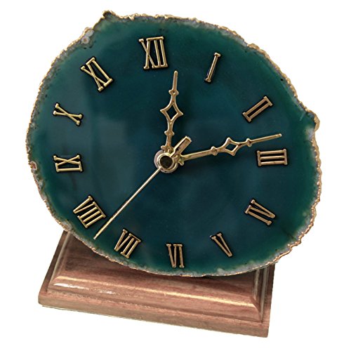 Decorative Agate Desk Clock With Gold Plated Rim (Green)