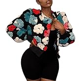 HOULENGS Women's Cropped Floral Print Fleece Bomber Jacket Casual Puff Sleeve Button Down Coats Winter Warm Outerwears