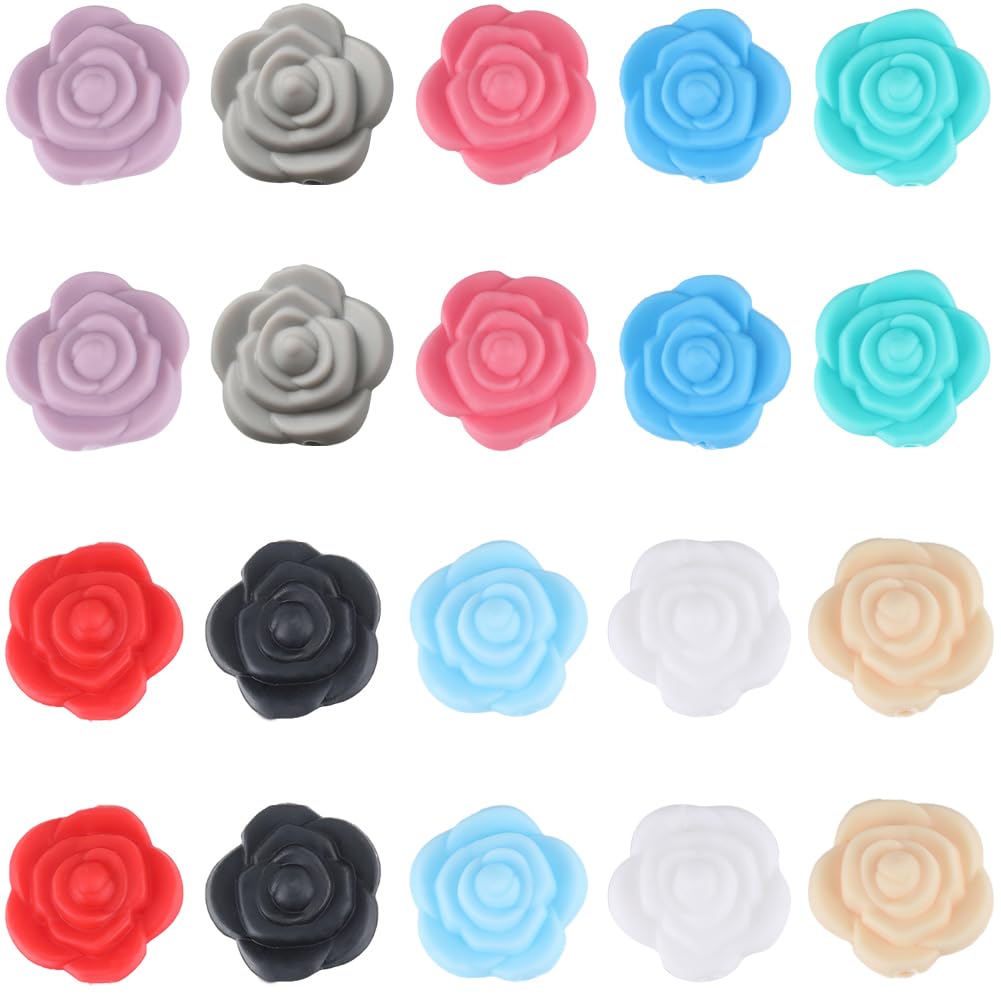 SUNNYCLUE 1 Box 20PCS 20mm Flower Silicone Beads Valentine Silicone Focal Beads Bulk 3D Cute Red Flower Rose Chunky Rubber Soft Loose Spacer Bead for Keychain Pen Making Kit Beading Bracelet Craft