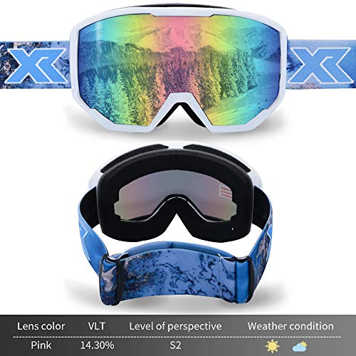 XR Ski Snowboard Goggles Anti-Fog UV Protection HD Cylinder Lens Over Glasses Non-Slip Strip Snow Goggles for Men&Women (Pink) - Thumbnail 2