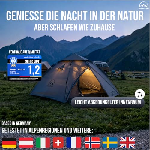 GOALPINE® Atlas IV Pop Up Tent for 2-4 Large People, 100% Waterproof, Set Up in 40 Seconds, 3-in-1 for Camping, Festival & Beach, Slightly Darkened Indoors