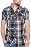 Enimay Men's Designer Short Sleeve Casual Fitted Button Down Plaid Shirts Blue Brown Plaid Small