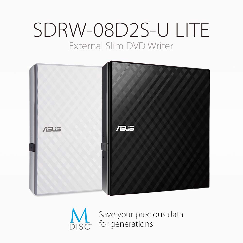ASUS ASUS LITE Portable USB 2.0 Slim 8X DVD/ Burner +/- Rewriter External Drive, Compatible with both Mac & Windows, Black (SDRW-08D2S-U/BLK/G/AS)