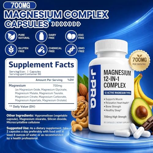Magnesium 700mg | Magnesium Complex 12 in 1 (Glycinate, Citrate, Malate) | High Absorption Formula | Supports Muscle Stress, Heart & Bones | 90 Capsules