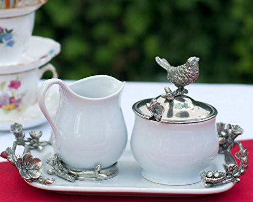 Vagabond House Stoneware Creamer Set - Pewter Song Bird 12.25" Long Tray with Creamer, Sugar Bowl and Spoon