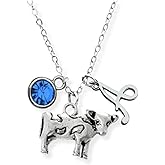 Cow Jewelry, Personalized Cow Necklace, Custom Birthstone, Initial Cow Pendant for Women, Cow Lover Gift, Cow Owner Present
