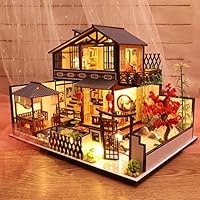 FlyKits Wooden Dollhouse Ancient Town DIY Miniature Model -Furniture Set Dollhouse, Open-Sided Multi-Color Birthday Lover Gift Wooden Furniture Light Gift House Toy (Without dust Cover)
