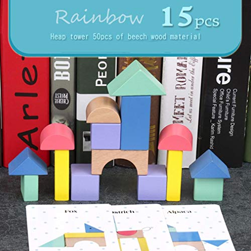 Livoty 15pcs DIY Rainbow Blocks 12pcs Cards Early Learning Baby Kids Wooden Building Block Educational Toys (Multicolor) - Thumbnail 6