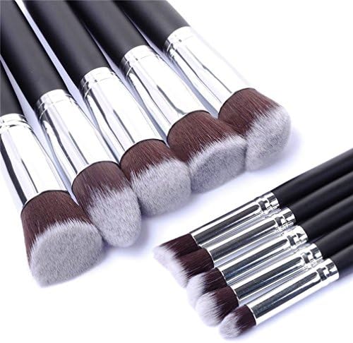 10PCS Professional Premium Makeup Brush Set Black Silver Kit With Case (Black/Silver)