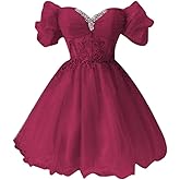 Youjiayi Off Shoulder Homecoming Dresses for Teens Sparkly Lace Tulle DAMA Dress for Quinceanera Beaded Short Prom Gown