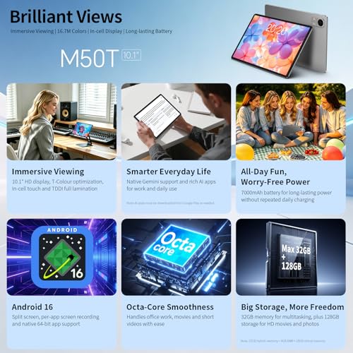 TECLAST M50T Android 16 Tablet 10.1 Inch Gemini AI, 2GHz Octa-Core, 32GB RAM+128GB ROM+5TB TF, 7000mAh, 2.4G+5G WiFi, GMS Widevine L1, Bluetooth 5.4, 13MP, Face ID/3.5MM/OTG, 2026 Tablets with Pen