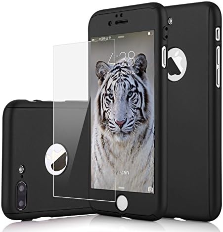 iPhone 7 Plus Case,360 Full Body Coverage Protection Dual Layer Matte Finish Hard Slim Thin Grip Case with Tempered Glass Screen Protector For iPhone 7 Plus(BLACK)
