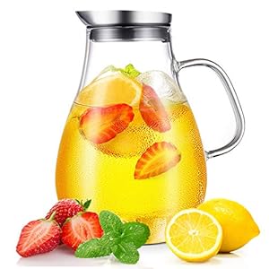 CNNIK Glazen karaf, 2 liter, borosilicaatglas, waterkaraf met roestvrijstalen deksel, hittebestendig, voor warm koud…