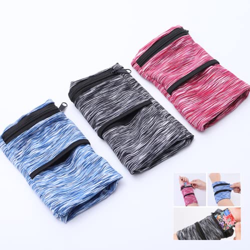 Wrist Pouch, Pocket Wallet with Zippered for Running, Walking, Hiking, Cycling, Yoga and More (3 Pack) (Black+Blue+Red, S)