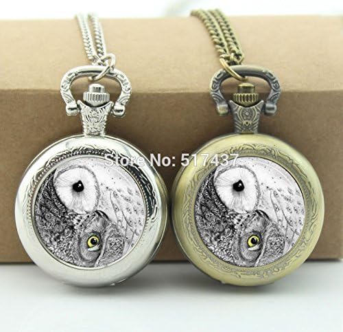 Pretty Lee Yin Yang Owl Pocket Watch Bird Jewelry Photo Locket Necklace Vintage Pocket Watch Necklace