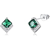 Birthstone Stud Earrings Sterling Silver Square Created Crystal Earrings Cubic Zirconia Hypoallergenic Piercing Jewelry Small Gifts for Women Mothers